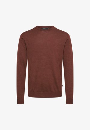 Rjav dolg sweater z dolgimi rokavi, izdelan iz mehkega materiala, z okroglim izrezom. Ima riban rob in subtilno teksturo. Klasičen kroj.