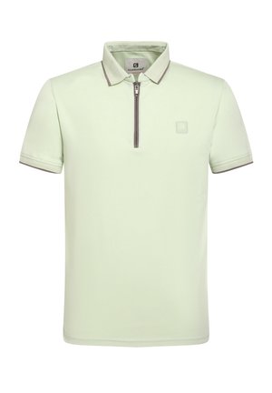 Gaiši zaļš polo krekls ar īsām piedurknēm, pus-zips apkakle, pelēki akcenti un mazs logotips uz krūšu. Mīksta, gluda auduma tekstūra.