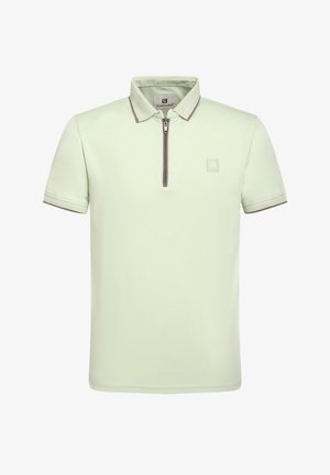 Lichtgroene poloshirt met korte mouwen, halve rits kraag, grijze accenten en een klein logo op de borst. Zachte, gladde textuur van de stof.