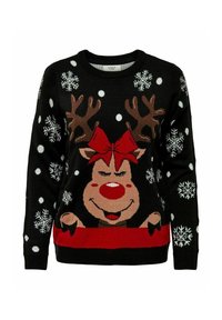 Svart tröja med ett renhjort med horn och ett röd band, omgiven av vita snöflingor och prickar. Tillverkad av stickat tyg.