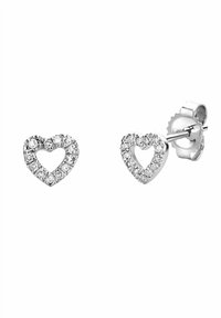 Silverfärgade hjärtformade örhängen prydda med små klara kristaller längs den yttre kanten och ett ihåligt center. Stud-design med fjärilsspärrar.