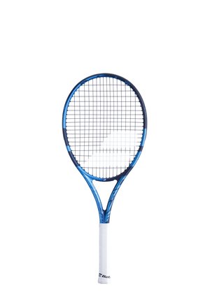 Blå tennisracket med et rundt hoved, strukturerede strenge og hvidt grebshåndtag. Rammen har glatte kurver og subtile accenter.