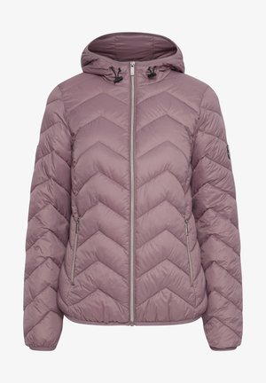 Veste rembourrée en mauve avec un motif en chevrons. Comprend une capuche et deux poches latérales zippées. Fermeture à glissière à l'avant avec cordons de serrage.