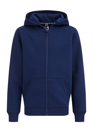 Marineblauwe hoodie met volledige ritssluiting, voorzakken, ribbelmanchetten en -onderkant, en een aangehechte capuchon.