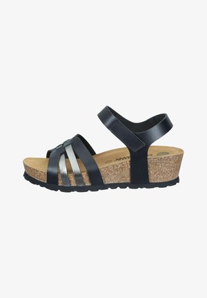 Wedge sandal with cork sole, black leather straps across toes, and adjustable ankle strap with Velcro closure.
