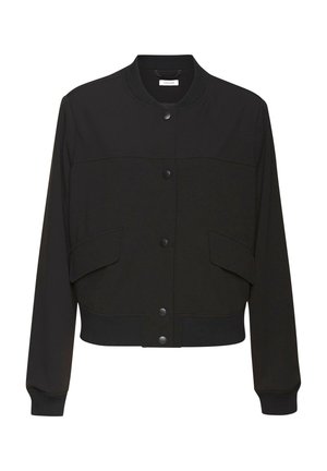 Black cropped bomber jacket with long sleeves, ribbed collar, cuffs and hem, snap-button front, and two front flap pockets.