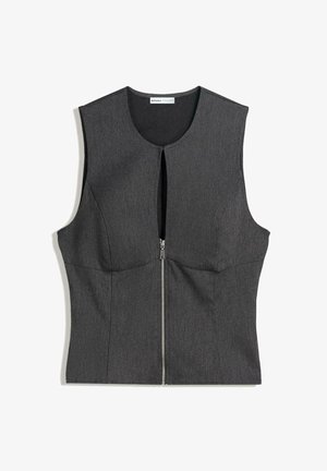 Dunkelgraues ärmelloses Oberteil mit rundem Ausschnitt, Reißverschluss vorne und strukturiertem Design. Hergestellt aus einem strukturierten, gewebten Stoff.