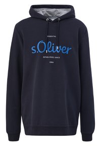 Marinblå hoodie i bomullsblandning. Har en framficka, dragsko på huvan och tryckt logotext i blått och vitt. Klassisk passform.