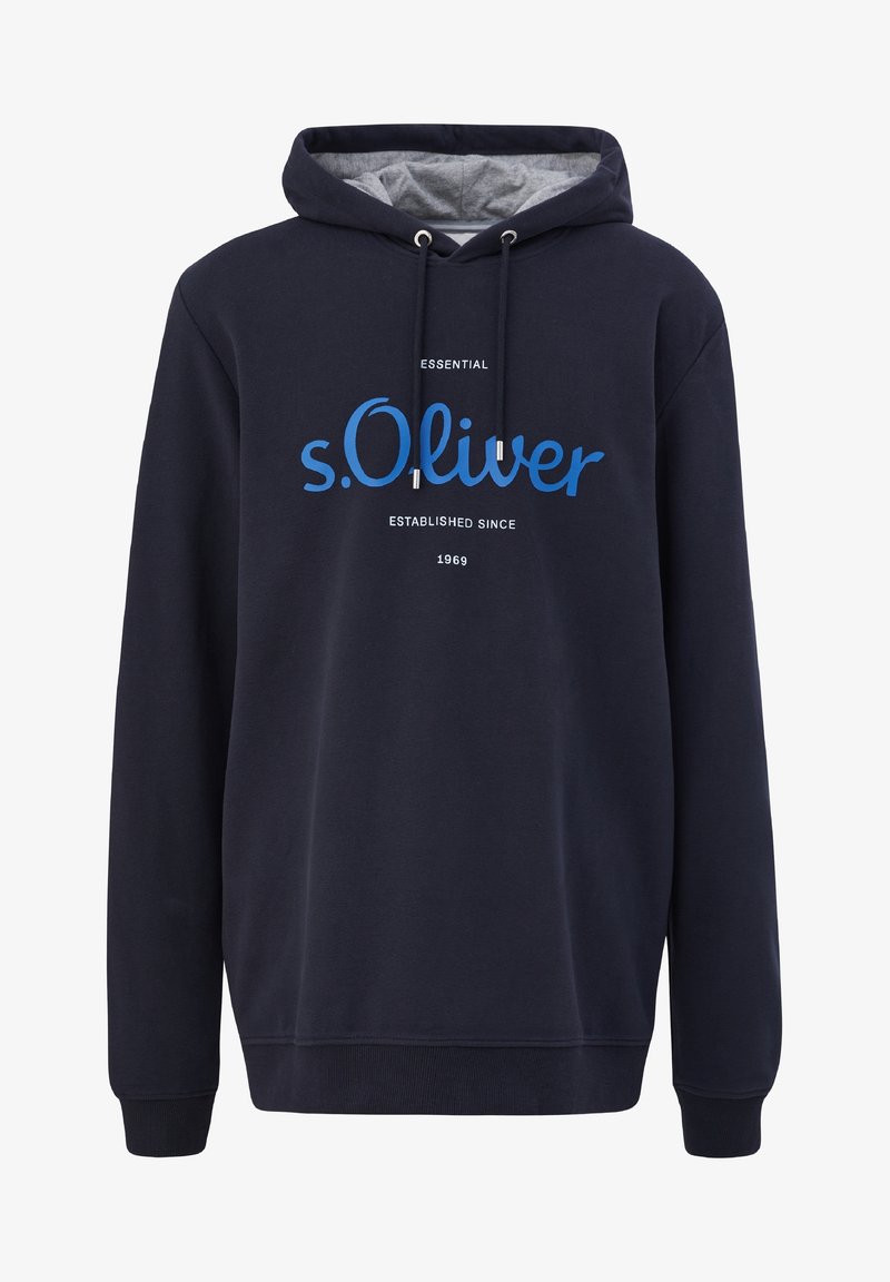 Marinblå hoodie i bomullsblandning. Har en framficka, dragsko på huvan och tryckt logotext i blått och vitt. Klassisk passform.