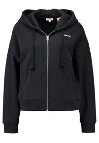 Sudadera con cremallera negra hecha de una tela suave, con una capucha grande, cordones y un pequeño logo de Levi's en el pecho.