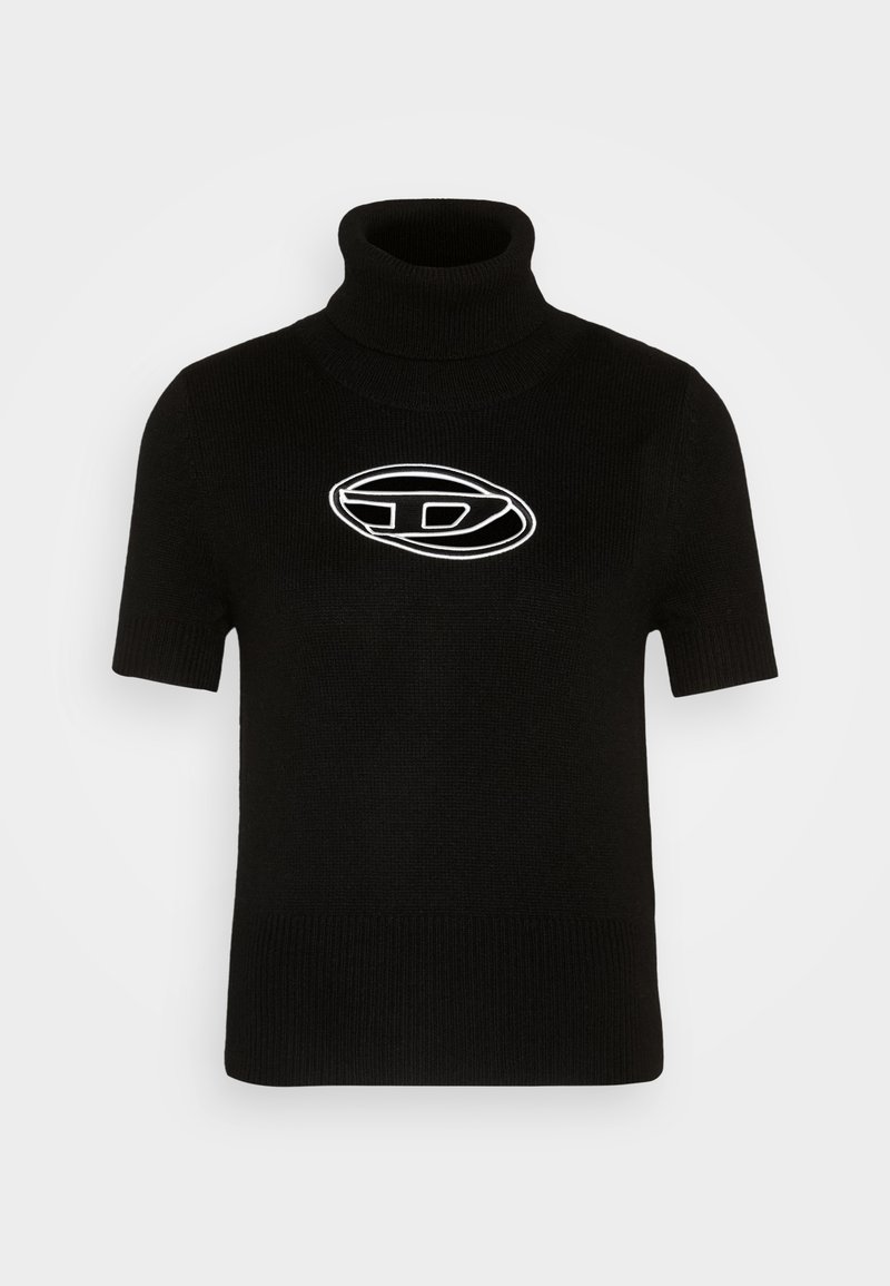 Schwarzer Kurzarm-Pullover mit Rollkragen aus Strickstoff, mit einem weißen ovalen bestickten Logo auf der Vorderseite.