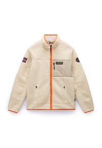 Fleece jacket in cream with orange zipper, featuring a beige front pocket, chest patch, and side zippered pockets.