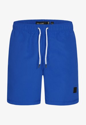 Blå svømmedragt med elastisk talje, hvid snor og et lille sort logo-patch. Glat stof og længde til midt på låret.