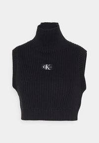 Czarny krótki sweter z golfem o prążkowanej teksturze i krótkich rękawach, z naszywką z logo na przodzie.