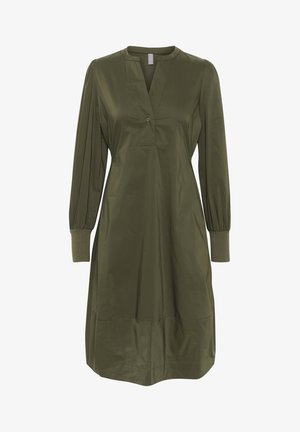 Abito verde oliva, fino al ginocchio, con scollatura a placca e maniche lunghe. Maniche con polsini e tessuto leggero e morbido con una vestibilità rilassata.