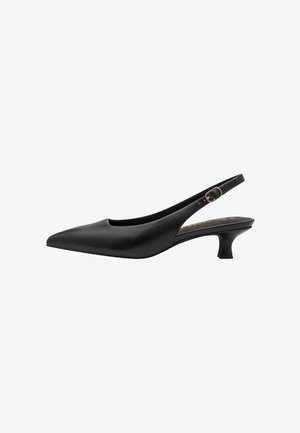 Black leather slingback shoe with pointed toe, low block heel, and buckle detail on the strap. Smooth texture and minimalist design.