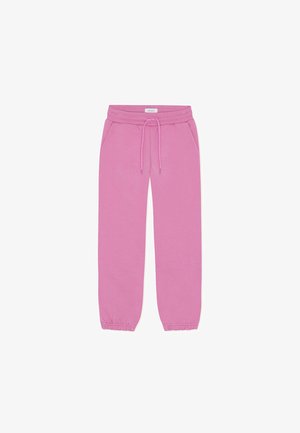 Roosad vabaajajõusaalipüksid elastse vöökohaga, paelaga, küljetaskutega ja elastsete äärtega pahkluude juures.