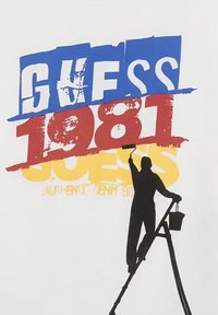 Design grafico che presenta il testo "GUESS 1981" in grassetto blu, rosso e giallo con una figura in silhouette su una scala che tiene un rullo da pittura.