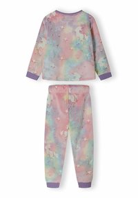 Fleece pyjamaset med pastellfärgad enhörning och stjärntryck. Långärmad topp och byxor med ribbade lavendelkupor och mjuk textur.