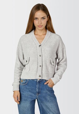 Light gray knit cardigan with a V-neck, six buttons, and two front patch pockets. Ribbed cuffs and hem add texture to the design.