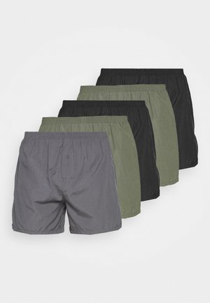 Pack of four men's shorts in gray, olive green, and black, featuring elastic waistbands, a relaxed fit, and a single rear button pocket.
