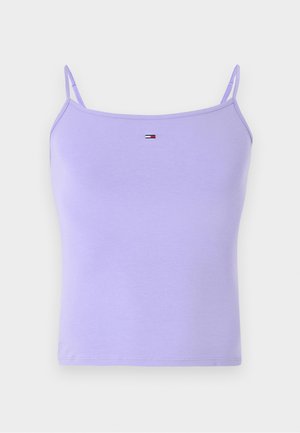 Lilac camisole with thin shoulder straps, made of soft cotton fabric. Features a small tri-color logo on the front center. No patterns.