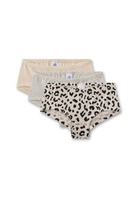 Set von drei Unterhosen: eine beige, eine grau und eine cremefarbene mit schwarzen Leopardenflecken. Hergestellt aus weicher Baumwolle mit elastischen Taillenbändern.