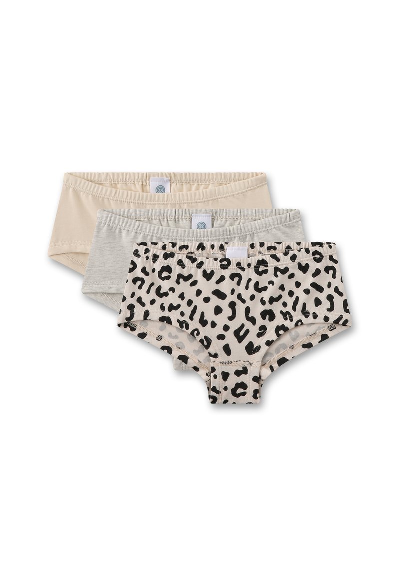 Set von drei Unterhosen: eine beige, eine grau und eine cremefarbene mit schwarzen Leopardenflecken. Hergestellt aus weicher Baumwolle mit elastischen Taillenbändern.