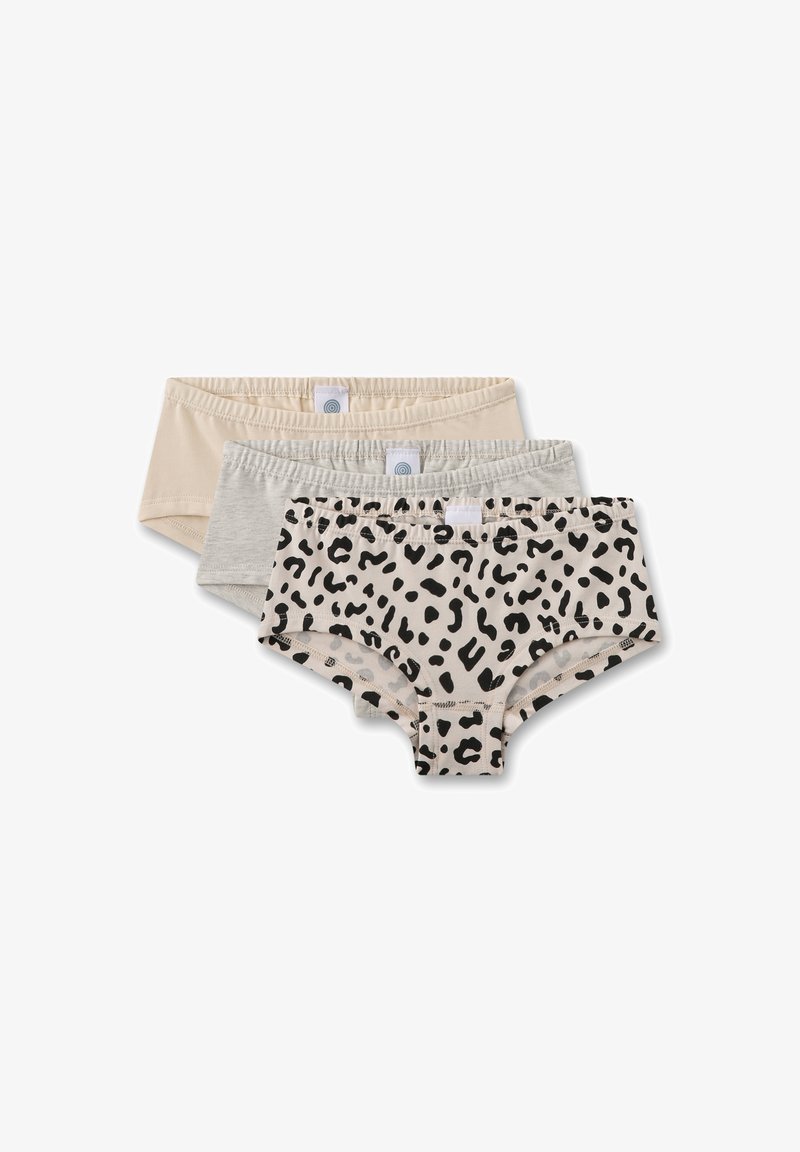 Set von drei Unterhosen: eine beige, eine grau und eine cremefarbene mit schwarzen Leopardenflecken. Hergestellt aus weicher Baumwolle mit elastischen Taillenbändern.