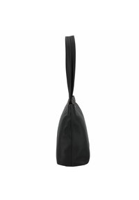 Borsa a mano in pelle nera con una texture liscia, una forma affusolata e un manico superiore singolo. Presenta dettagli di cucitura e una chiusura con zip.
