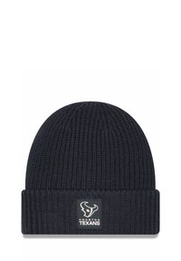Knit beanie in dark navy with a ribbed design and folded cuff. Features a square logo patch with "HOUSTON TEXANS" and a bull emblem.