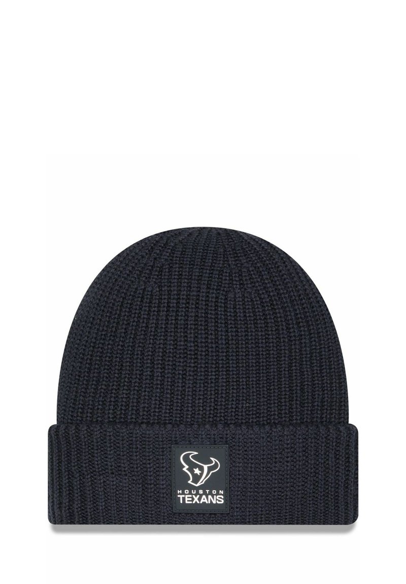Knit beanie in dark navy with a ribbed design and folded cuff. Features a square logo patch with "HOUSTON TEXANS" and a bull emblem.