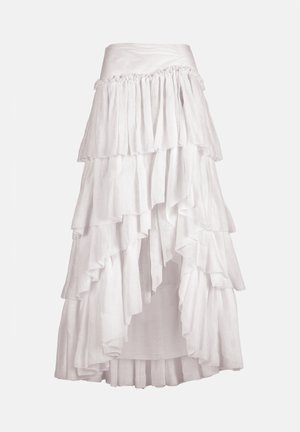 Hvid maxi-nederdel med rynkede lag og lagdelt asymmetrisk kant samt elastisk taljebånd.