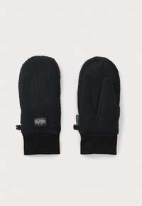 Sorte vanter med en fleece-ydre og en kontrasterende glat stof håndflade. Har en ribbet manchet og et logo-patch på håndledsområdet.