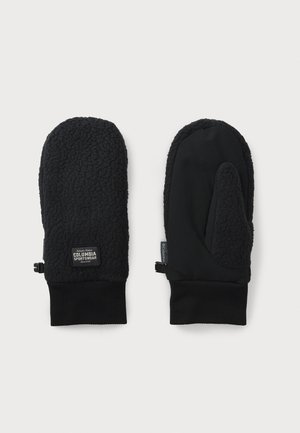Black mittens with a fleece exterior and a contrasting smooth fabric palm. Features a ribbed cuff and logo patch on the wrist area.