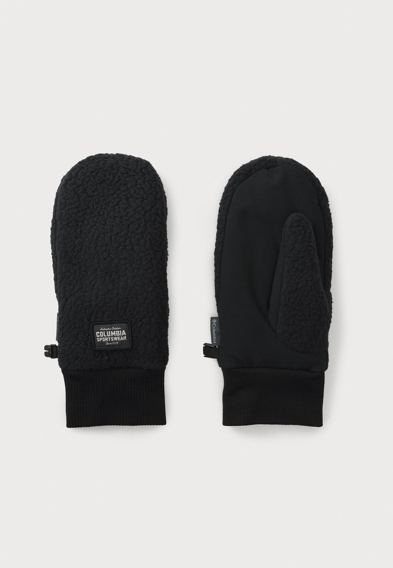 Sorte vanter med en fleece-ydre og en kontrasterende glat stof håndflade. Har en ribbet manchet og et logo-patch på håndledsområdet.