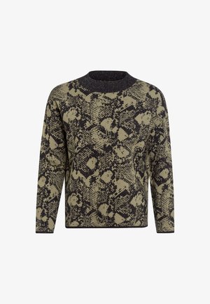 Rundhalspullover in olivgrün und schwarzem Schlangenprint-Muster, mit langen Ärmeln und einem strukturierten Stoff sowie einem gerippten Kragen.