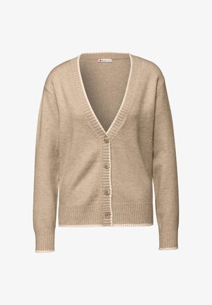 Beiger Cardigan mit V-Ausschnitt, gerippten Bündchen und Knopfverschluss. Mit einem kontrastierenden Besatz entlang des Halsauschnitts und der Knopfleiste.