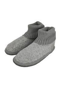 Grau gefilzte Hausschuhe mit einem gerippten, gestrickten Knöchel, abgerundetem Zehenbereich und strukturiertem Material; sie haben eine flache Sohle und keine sichtbaren Verschlüsse.