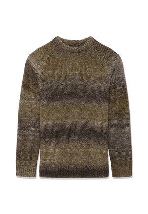 Rjav in olivno zeleno prugast pleten pulover z okroglim izrezom, dolgimi rokavi ter rebrastim ovratnikom, manšetami in obrobom.