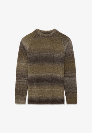 Rjav in olivno zeleno prugast pleten pulover z okroglim izrezom, dolgimi rokavi ter rebrastim ovratnikom, manšetami in obrobom.