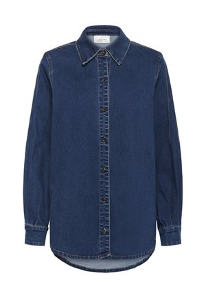 Tume sinine denim pikad varrukad nööbid särk krae ja nähtava õmblusega, krae all märk "CREAM".