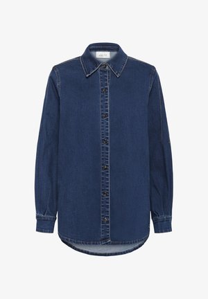 Tume sinine denim pikad varrukad nööbid särk krae ja nähtava õmblusega, krae all märk "CREAM".