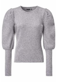 Pullover grigio a maniche lunghe realizzato in tessuto morbido, con maniche a sbuffo e colletto girocollo classico. Motivo testurizzato sottile su tutta la superficie.