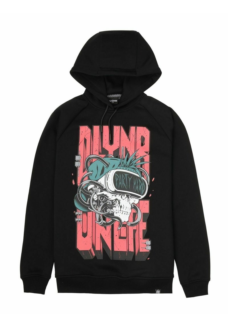 Felpa nera con cappuccio con una grafica frontale che presenta un teschio che indossa un visore VR, accentuata da elementi di testo e design in teal e rosa.