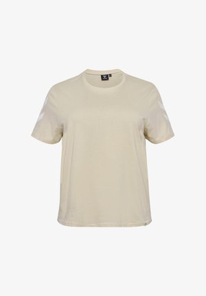 Beżowa koszulka z krótkim rękawem i okrągłym dekoltem, wykonana z miękkiego materiału. Posiada białe geometryczne akcenty na obu ramionach. Krój standardowy.