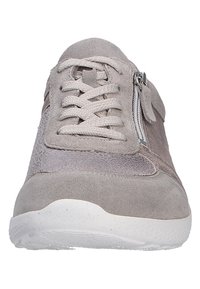 Gray athletic shoe with suede and textured leather. Features lace closure, side zipper, and a white rubber sole. Rounded toe design.