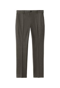 Pantalones de vestir para hombre de color gris oscuro con trabillas para cinturón, bolsillos delanteros, cierre con botón y un corte ajustado y recto.