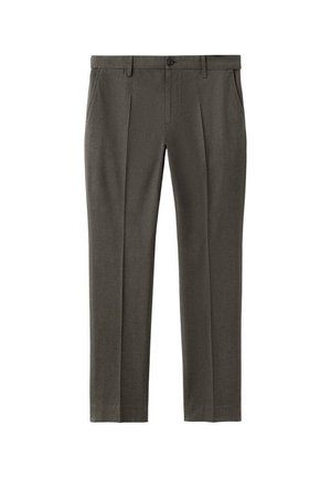 Pantaloni eleganti da uomo di colore grigio scuro con passanti per cintura, tasche frontali, chiusura con bottone e vestibilità slim dritta.