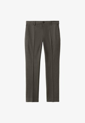 Tummanharmaat miesten juhlahousut vyölenkeillä, etutaskuilla, napillinen kiinnitys ja kapeahko, suora malli.